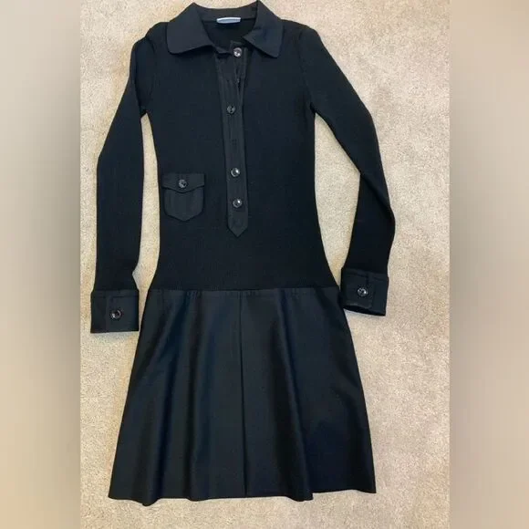 Akris Punto black ribbed knit long sleeve pleated wool dress Sz 4 NWOT - Picture 6 of 14